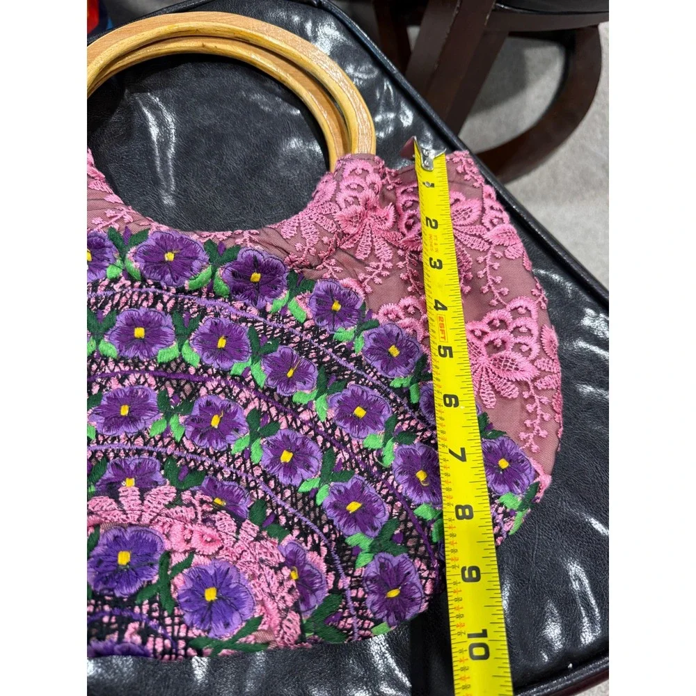 Pink Lace Floral‎ Embroidered Hobo Bag with Wooden Ring Handles Purple Flowers